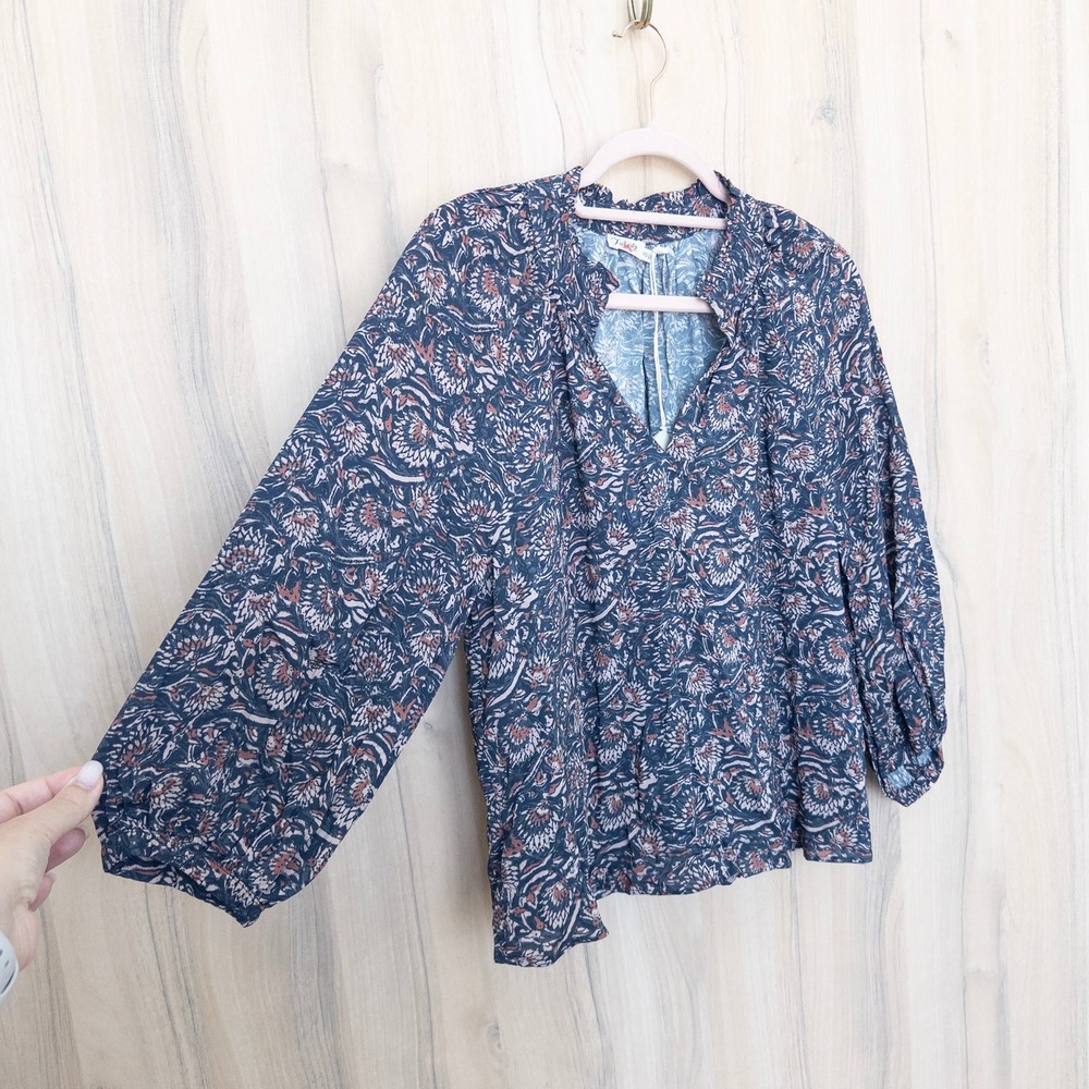 Faherty Women Portia Top XS Blue Floral Artisan Block Print Boho Cottage Peasant